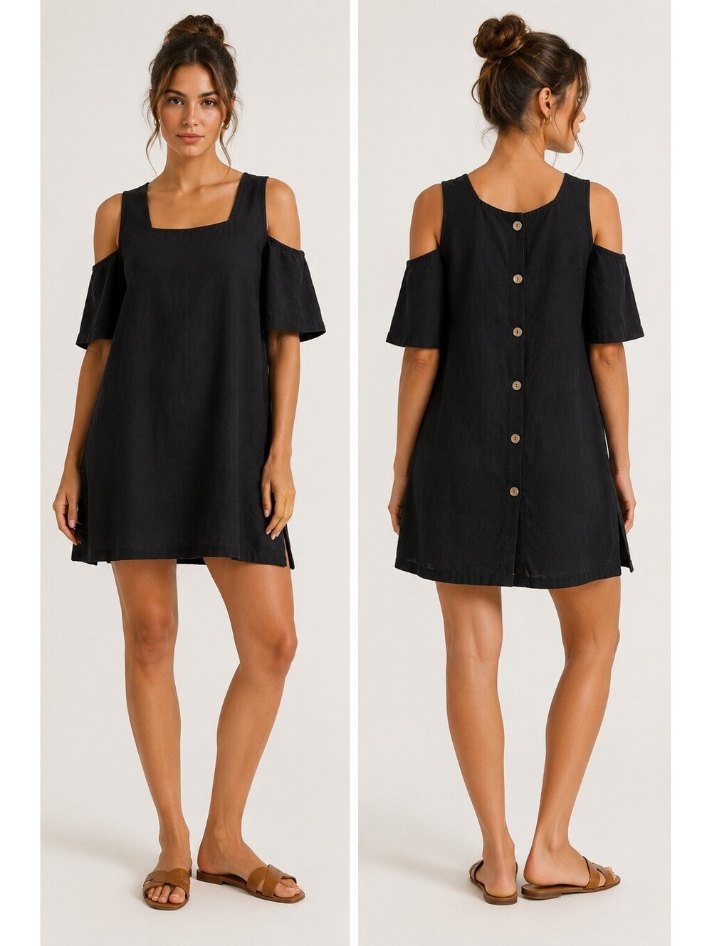 Kaliyana Black Linen Blend Cold Shoulder Button Back Tunic Dress Size S